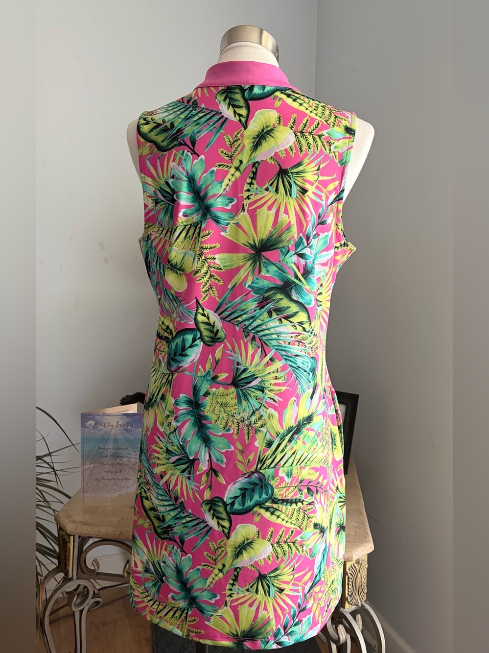 Tommy Bahama Pink Tropical Leaf Sleeveless Dress With Pockets & Front Zip Size L - Picture 6 of 16
